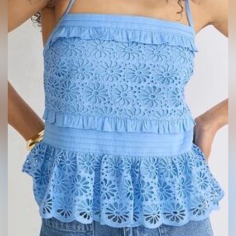 J. Crew Blue Lace Top with Strappy Design